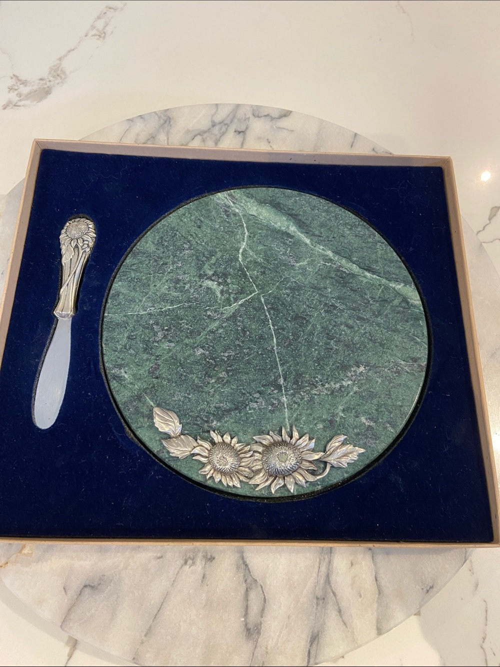 Vintage Seagull Pewter Marble Cheese Board with Sunflower Accent and Spreader